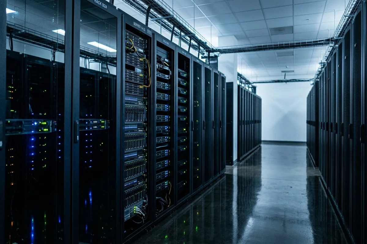 Scarpian AI - Datacenter glass-enclosed server aisle with polished reflective concrete flooring