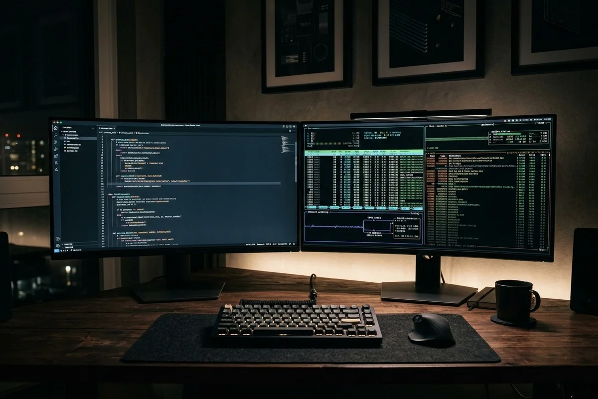 Scarpian AI - Dark developer workstation with dual curved monitors displaying terminal code and telemetry