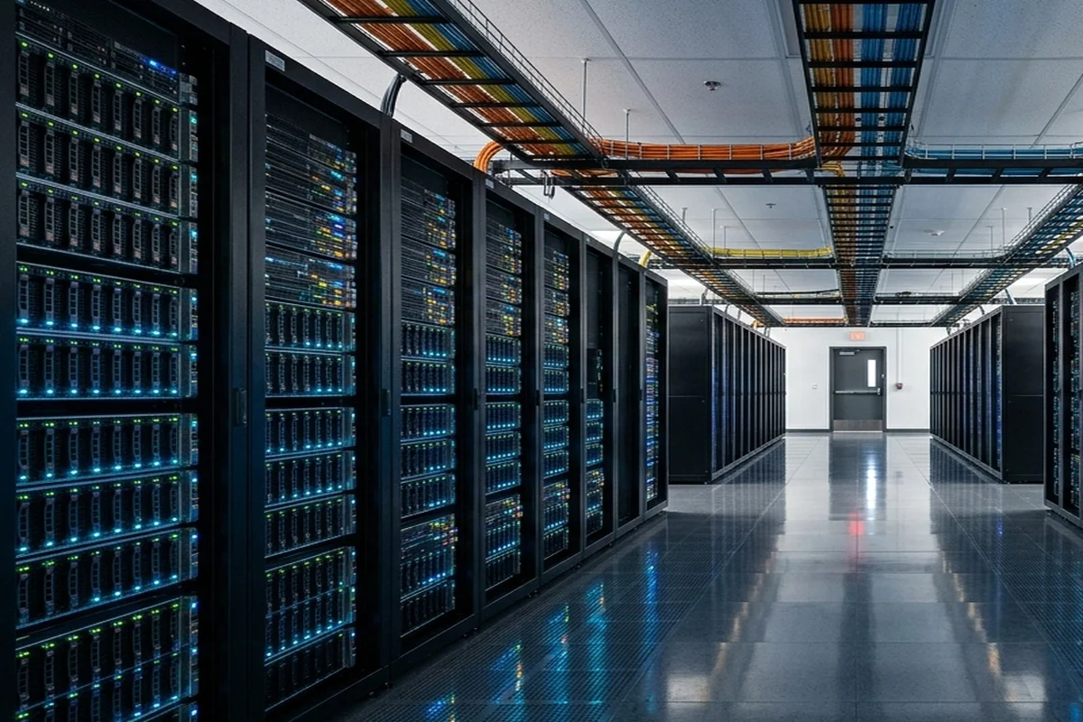 Scarpian AI - Datacenter server rack rows with LED indicators and overhead cable management