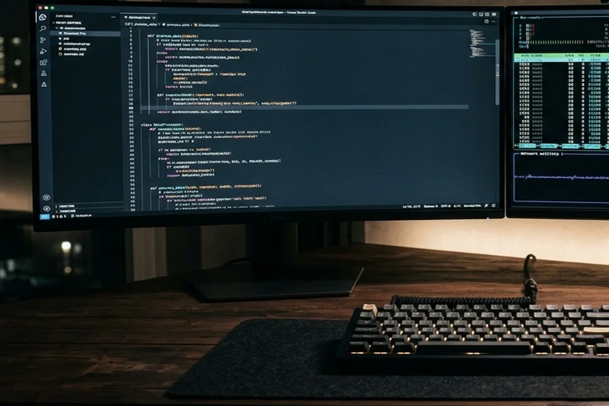 Scarpian AI - High-resolution developer IDE editor displaying production code on dark wood desk