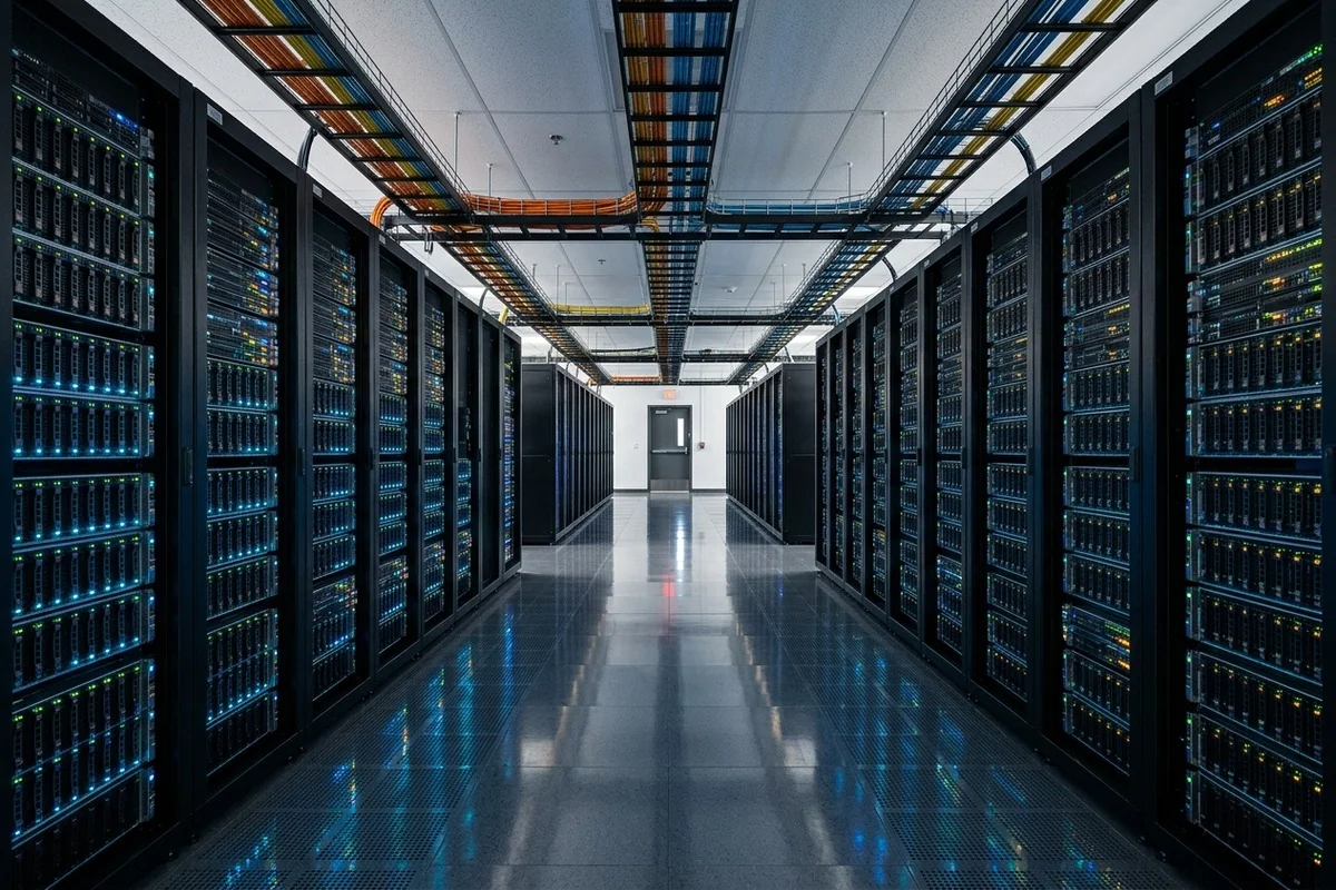 Scarpian AI - High-density datacenter cold aisle corridor with glowing optical interconnects