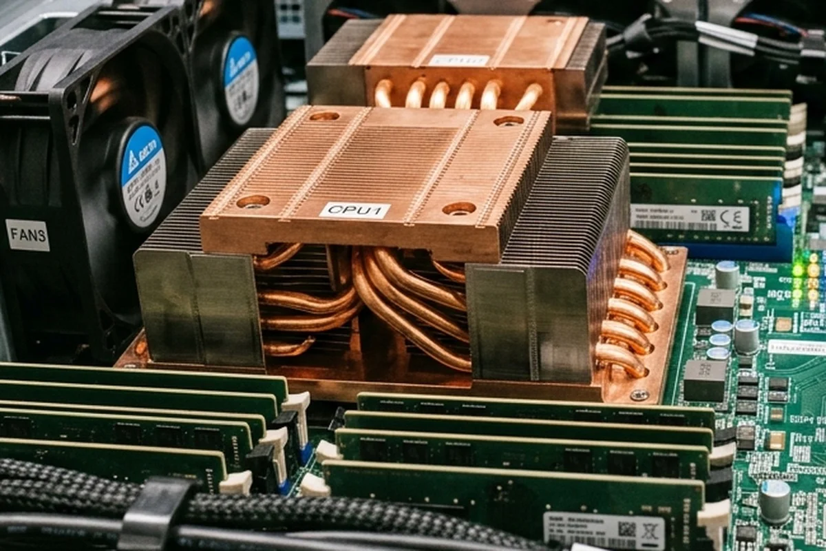 Scarpian AI - Close-up macro of enterprise server copper heat pipes and cooling fin heatsinks